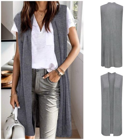 Halogen Gray Long Sweater Cardigan  Vest with Open Front and Shawl Collar - Picture 1 of 8